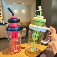 1pc Large Capacity Straw Ice Cup (Lucky Cat Design), 1200ml Sports Water Bottle, Summer Plastic Cup, Bubble Tea Cup, Large Capacity Cute Big Belly Straw Ice Cup, Outdoor Travel Water Bottle - Multicolor - View 7