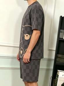 Men's Summer Checkerboard Heart Bear Print Short Sleeve Shorts Comfortable Loungewear - Multicolor - View 6