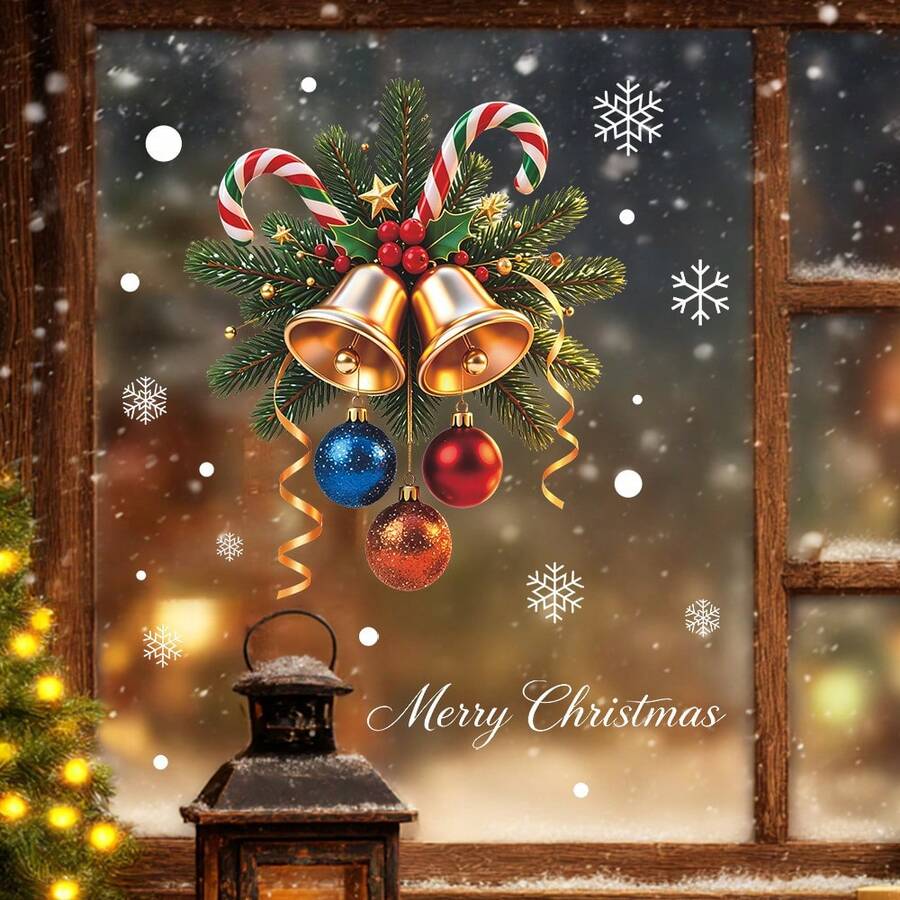 1pc Christmas Pine Branch Bell Colored Ball Window Decal For Kitchen,Restaurant,And Other Window Surfaces Decor,Removable Window Stickers,Vinyl Window Decals - Multicolor - View 1
