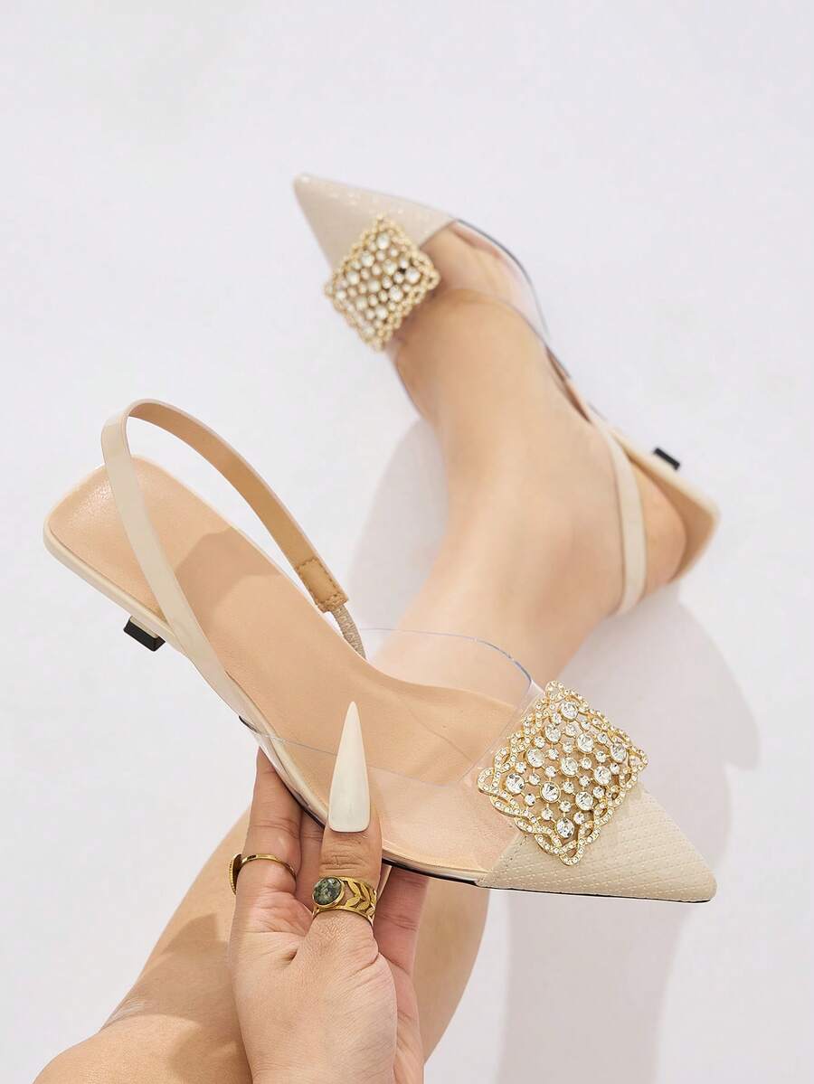 Women's Backless Slingback Stiletto Sandals With Rhinestone Square Buckle, Transparent PVC Embossed Patchwork Pointed Toe Kitten Heel Shoes, Beige Closed Toe Backless Shoes For Commute, Date, Party, Wedding, Bridesmaid