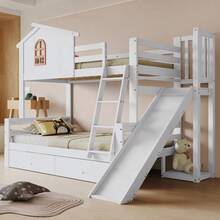 Bunk Bed With Distinctive Windows And Four-Step Tilting Stairs, Children's And Mother's Bed With Slide - White - View 2