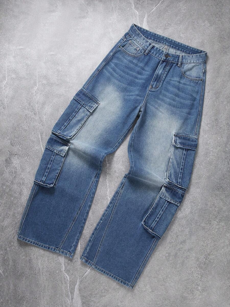 Celana Jeans Denim Lurus Pria Eropa & Amerika Warna Biru dengan Banyak Saku dan Dekorasi, Berbagai Macam Kerajinan - Dark Wash - View 1