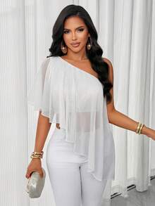 AIJ Top elegante de tela tejida blanca, diseño asimétrico sin mangas de un solo hombro, estilo de moda semi-transparente para verano - blanquecino - Ver 5