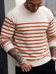 SU ER 1pc Men's Casual Striped Knit Sweater, Autumn/Winter - Burnt Orange - View 5