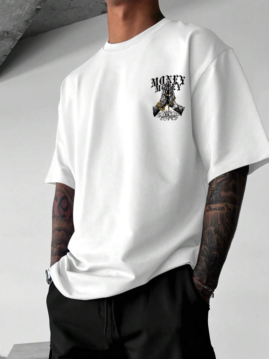 Y2K Streetwear T-Shirt With Money And Person Motifs, Loose Fit, Crew Neck, Casual, Breathable Top - White - View 1