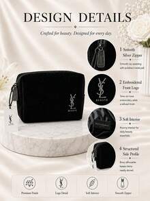 YSL Saint Laurent Mini Black Velvet Makeup Bag 12*10cm, Glitter Velvet Fabric With Embroidery, Smooth Metal Zipper, Compact And Portable, Ideal For Makeup Storage And Gifting - Black - View 6