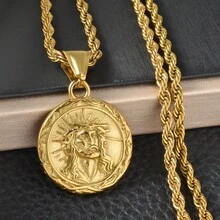男士 18K 金鍍不鏽鋼 3D 荊棘冠耶穌吊墜項鍊，嘻哈街頭風日常配戴款 - 金色 - 查看 4