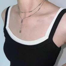 1pc Metal Bead Y-Shaped Tassel Necklace, High-End Fashion Unisex Long Double-Layer Layered Sweater Chain, Hip-Hop Rock Collarbone Necklace - Silver - View 3