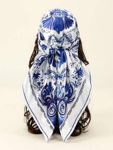 1pc Women's 2026 Spring/Summer Fashion Regal Geometric Satin Print Headscarf/Bandana, Versatile Daily Wear - White and Blue - View 12