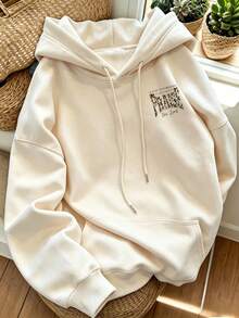 Sweatshirt Hoodie Kasual Lengan Panjang Longgar dengan Tali Serut, Motif Leopard Ukuran Besar Warna Beige untuk Wanita, Musim Gugur - Aprikot - View 2