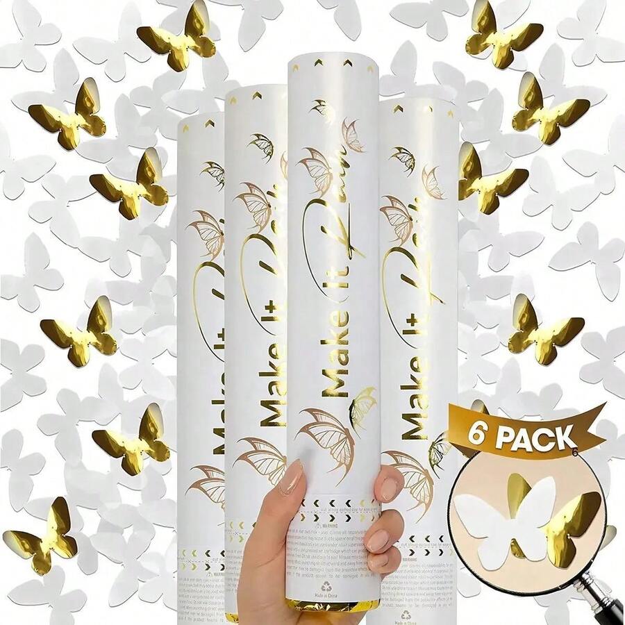 6pzs Cañones Confeti Diseño Mariposas Doradas Blancas - 1 - Ver 1