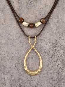 1pc Bohemian Vacation Style Twisted Hollow Water Drop Pendant Double Layer Wax Cord With Brown Round Beads Necklace, Minimalist Fashion Short Sweater Chain, Daily Party Halloween Wear Accessory, Unisex Couple Necklace - Beads - View 1