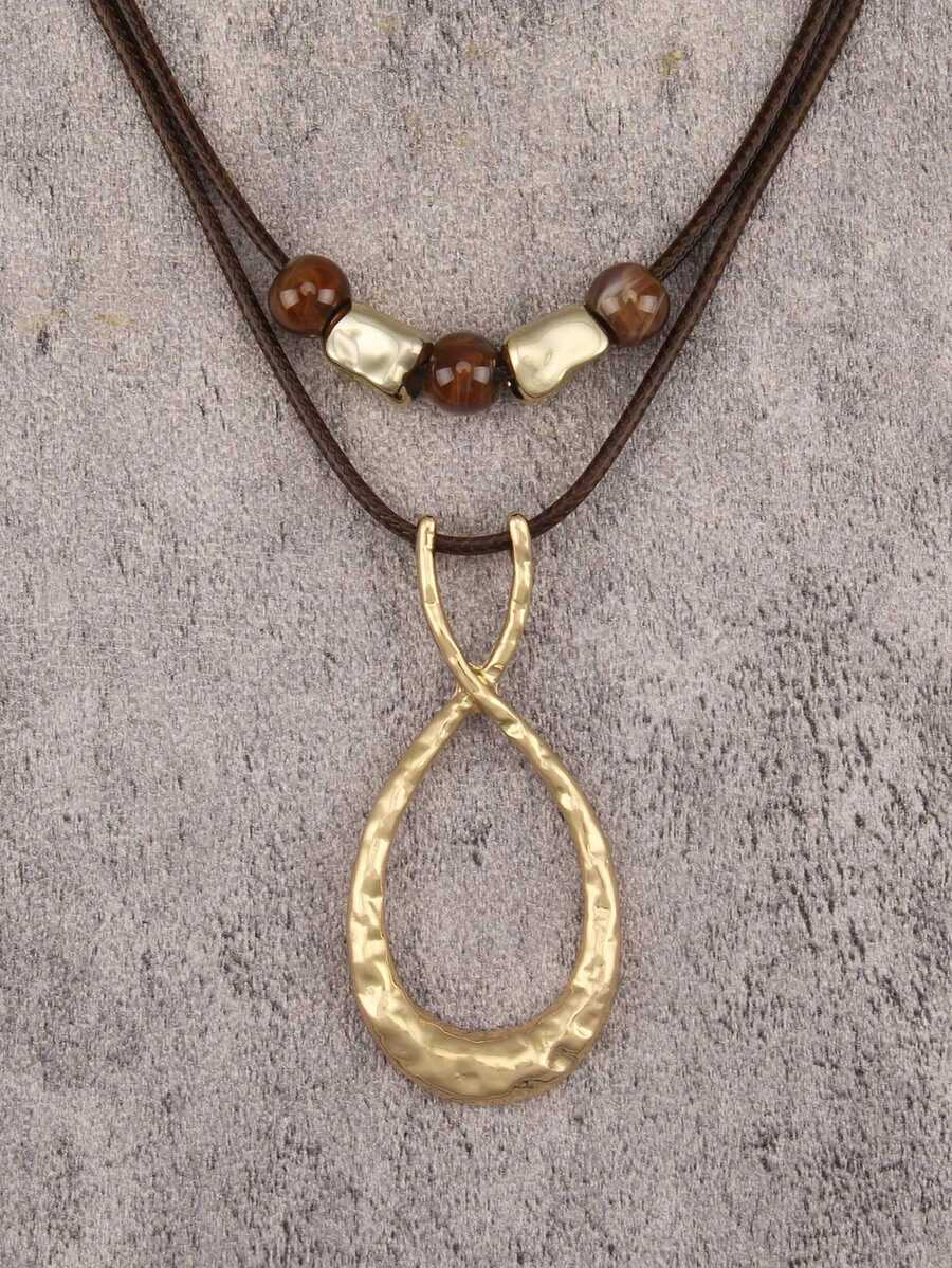 1pc Bohemian Vacation Style Twisted Hollow Water Drop Pendant Double Layer Wax Cord With Brown Round Beads Necklace, Minimalist Fashion Short Sweater Chain, Daily Party Halloween Wear Accessory, Unisex Couple Necklace - Beads - View 1