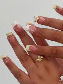 24pcs Medium Rectangular Nude To Cream Gradient French Style Nail Stickers, Gentle Pure Aesthetic, Long Rectangular Nail Tips, Portable For Travel, Suitable For Dresses, Commuting, Weddings, Anniversaries, Afternoon Tea, Full Of Atmosphere - 黃色 - 查看 1
