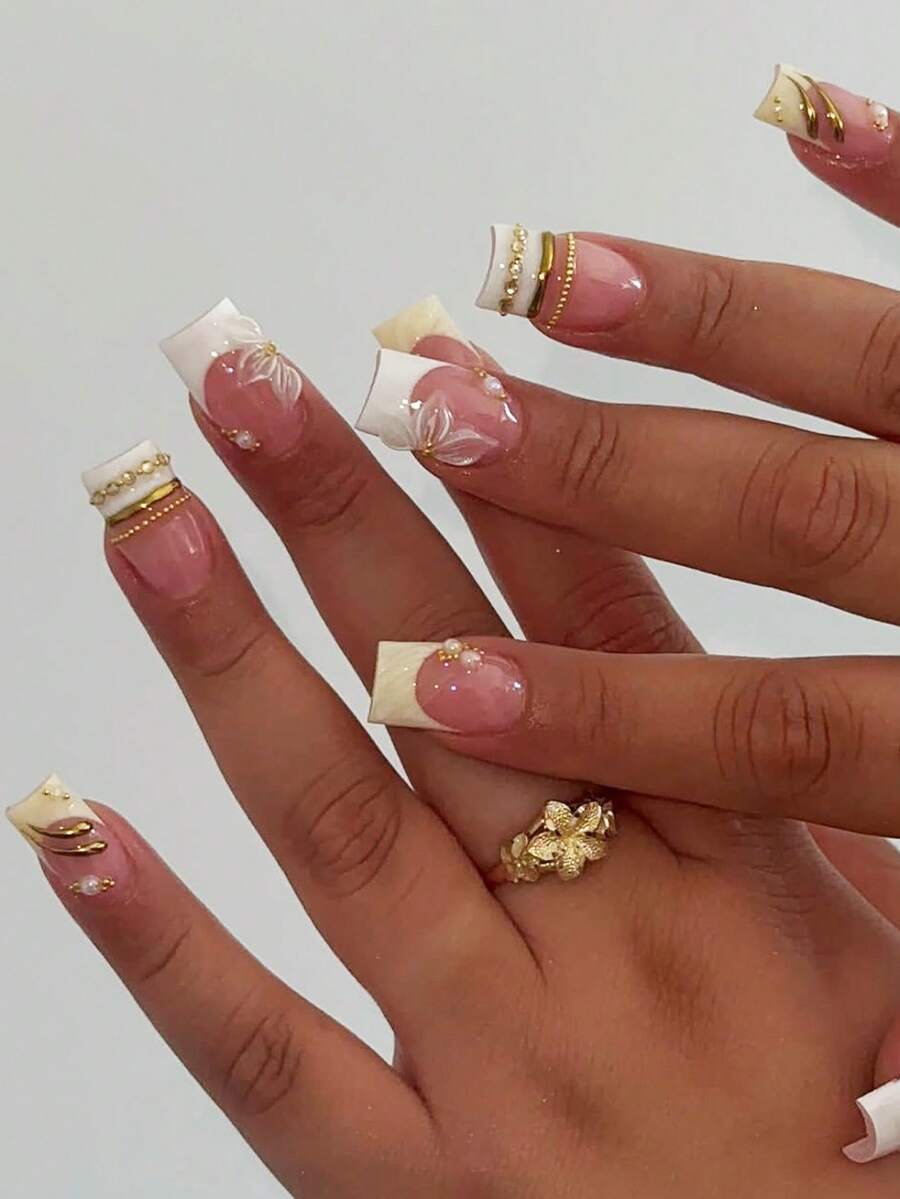 24pcs Medium Rectangular Nude To Cream Gradient French Style Nail Stickers, Gentle Pure Aesthetic, Long Rectangular Nail Tips, Portable For Travel, Suitable For Dresses, Commuting, Weddings, Anniversaries, Afternoon Tea, Full Of Atmosphere - 黃色 - 查看 1