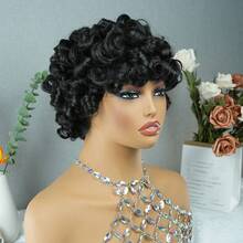 Short Bob Afro Loose Curl Wig With Bangs Human Hair Pixie Cut Wig Bouncy Curls 150% Density Put On And Go Wigs For Women None Lace Egg Curl Glueless Wig With Bangs - Natural Black - View 2