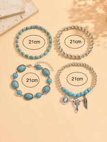 4pcs Western Cowboy Style Blue Turquoise CCB Beaded Anklet Set With Bull Head, Hat And Leaf Pendant, Vintage Layered Anklets For Women, Suitable For Daily Wear, Party And Date - Multicolor - View 4