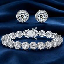 2pcs/Set White Gold Plated Jewelry Set 5MM Floral Halo Cubic Zirconia Tennis Bracelet & 6.0MM Round 4-Prong White Cubic Zirconia Stud Earrings - White - View 12
