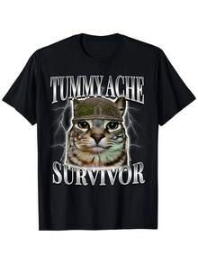 "Humorous Cat Meme T - Shirt: 'Tummy ache Survivor' Cool Cat Graphic" - Noir - Voir 1