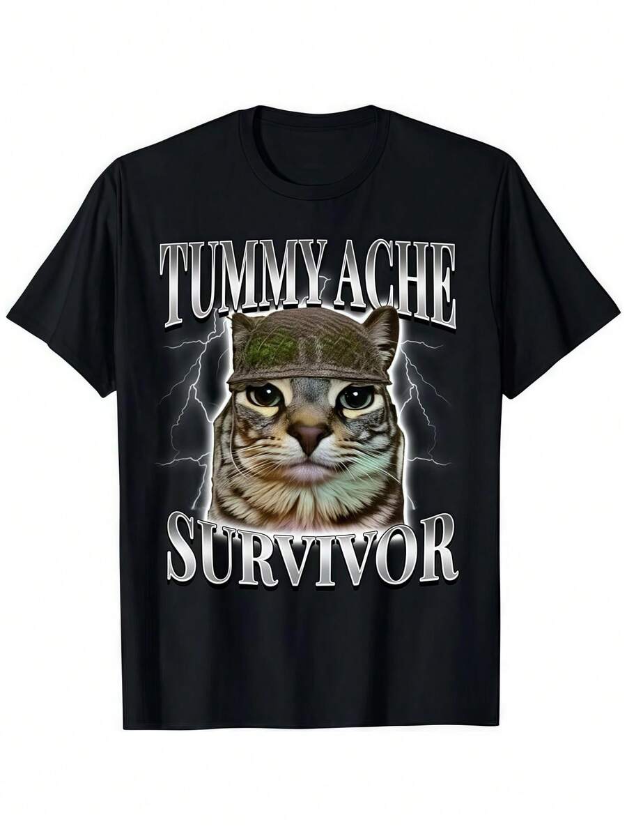 "Humorous Cat Meme T - Shirt: 'Tummy ache Survivor' Cool Cat Graphic" - Noir - Voir 1