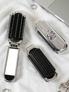 1pc Foldable Air Cushion Massage Comb, Electroplated Silver Color, Personalized Letter A-Z, Pink Bow, Star Pattern, Compact Portable Pocket Comb, Bag Comb, Women's Hair Styling Comb, Suitable As Gift - Silver - View 7
