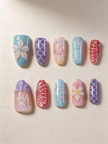 10pcs Medium-Long Almond Shape Summer 3D Floral Ocean Wearable Fake Nails With Starfish, Shell, Pearl, Instant Appearance Upgrade, Highlight Personal Simple Elegance, Elegant Minimalist, Y2K Little Princess Minimalist Sexy Style, Suitable For Women And Girls Daily Use, Also A Delicate Gift For Women And Girls, Press-On Nails Nail Supplies - Multicolor - View 2