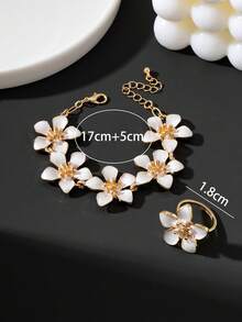 1 pezzo Elegante Set di Gioielli da Donna Stile Vacanza Estiva Spiaggia Bianco Fatto a Mano con Bracciale e Anello a Goccia d'Olio Plumeria, Versatile per Pendolarismo e Vacanza - Bianco - Visualizzare 6