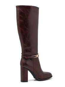 Bottes Hautes In Cuir Lisse à Talon Épais – L'Élégance Graphique Moderne - Wine - View 4