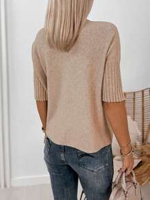 Acelitt Women's Casual Beige Solid Color High Neck Ribbed Cuff Mid-Sleeve Knit Sweater, Suitable For Spring And Autumn Summer - Beige - View 2