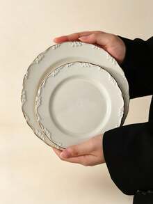 White Embossed Gold Rim Ceramic Dinnerware Set, Vintage Wavy Edge Porcelain Dessert Salad Cheese Serving Plate, Elegant Tableware, Suitable For Wedding Party Brunch Cold Platter Appetizer - Multicolor - View 5