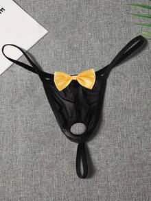 Men's Mesh Semi-Sheer Bowknot Sexy Comfortable Breathable Elastic Waist Thong With Small Ring And Small Bow Decor - Yellow - View 1