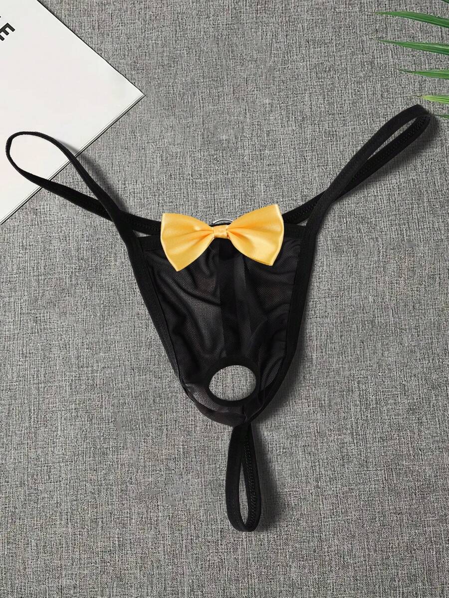 Men's Mesh Semi-Sheer Bowknot Sexy Comfortable Breathable Elastic Waist Thong With Small Ring And Small Bow Decor - Yellow - View 1