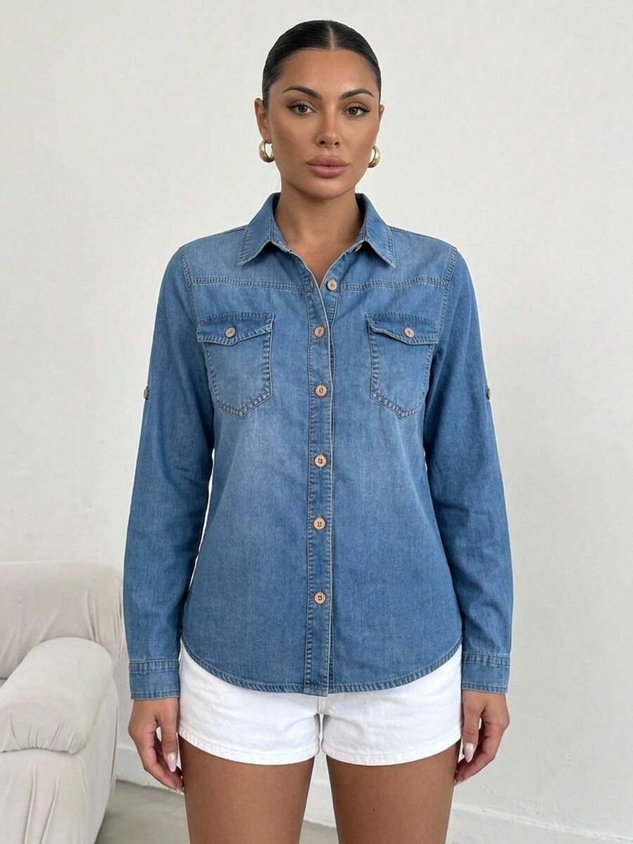 Denim Shirt – Long Sleeve, Button-Down Front, Classic Collar, Chest Flap Pockets, Casual Women's Top - 藍色 - 查看 1