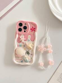 Cartoon Starfish Shell Accessory Painted Oil Wave Edge Print Protective Case With Chain Accessory New Style Compatible With IPhone 17/17 Pro/17 Pro Max/16/16 Pro Max/15/14/XR/7/8/15 Pro Max/13/11/XS Soft Case P12 Anti-Drop Creative Straight Edge Painted - Multicolor - View 3