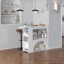 Modern Extendable Bar And Dining Table, Rotating High Small Bar Table – With Pet Area, Without Pet Food Bowl And Pet Cushion, White, Marble-Effect Tabletop, 120(+80)*40*100 Cm - White - View 6