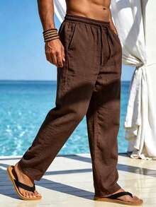 Mercer Haus Men's Brown Linen Long Pants Summer Vacation Style - Coffee Brown - View 5