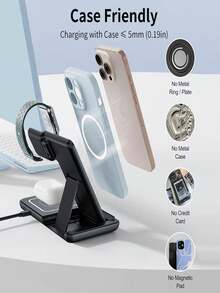Foldable 3-In-1 Wireless Charging Station, 15W Fast Magnetic Charging Base, Adjustable Dual-Angle Stand, Supports Simultaneous Charging For Qi Phones, Smartwatches And Bluetooth Earphones, Compact Foldable Travel Design, ABS Material With Soft Ambient Indicator Light, Built-In Induction Coil, Stable Charging - Pink - View 3