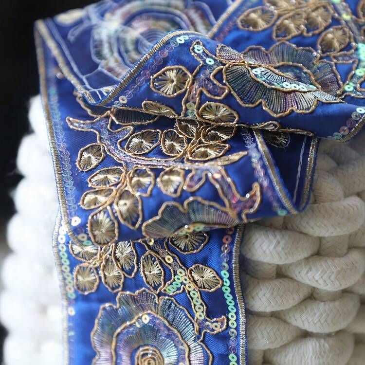 1/5 Yards Vintage Floral Embroidered Sequin Ribbon Trim, Luxury Decorative Sewing Fabric Border, Boho Flower Lace Embroidery Trim For Dress Costume Wedding Gown Curtain Bag DIY Craft Decoration, Elegant Sequin Flower Ribbon Sewing Trim - Multicolor D - View 3