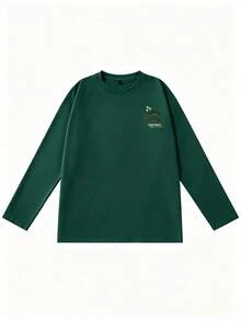 Kaos Lengan Panjang Longgar Pria dengan Bordir Pohon Pinus dan Burung Bangau Realistis, Hijau Tua, Musim Semi/Musim Gugur, Gaya Jepang, Lapisan Dasar Kasual - Dark Green - View 4