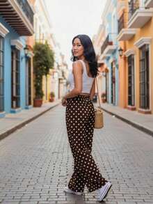 Casual Cute Polka Dot Fake Drawstring Pants Wide Leg Relaxed Fit Made In Turkey - Brown - View 3