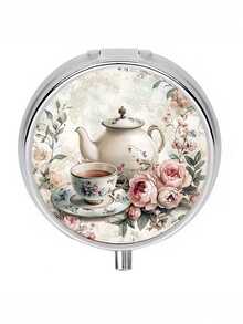 1pc Vintage Tea Party Pill Box, 3-Compartment Metal Mini Design, Teapot & Rose Elegant Pattern, Portable Storage, High-Quality Daily Medication Gift Box - Multicolor - View 7