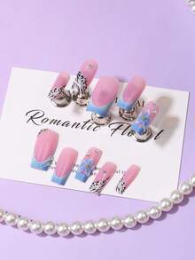 24Pcs Reusable Long Square Press On Nails,Easy‑To‑Apply Full‑Cover Glossy Fake Nails,Pink Base Light Blue French Tip With Leopard Print,3D Blue Flower & Rhinestone Decor,Sweet Y2K False Nails For Party Dating Travel Daily Manicure - Baby Blue - View 5