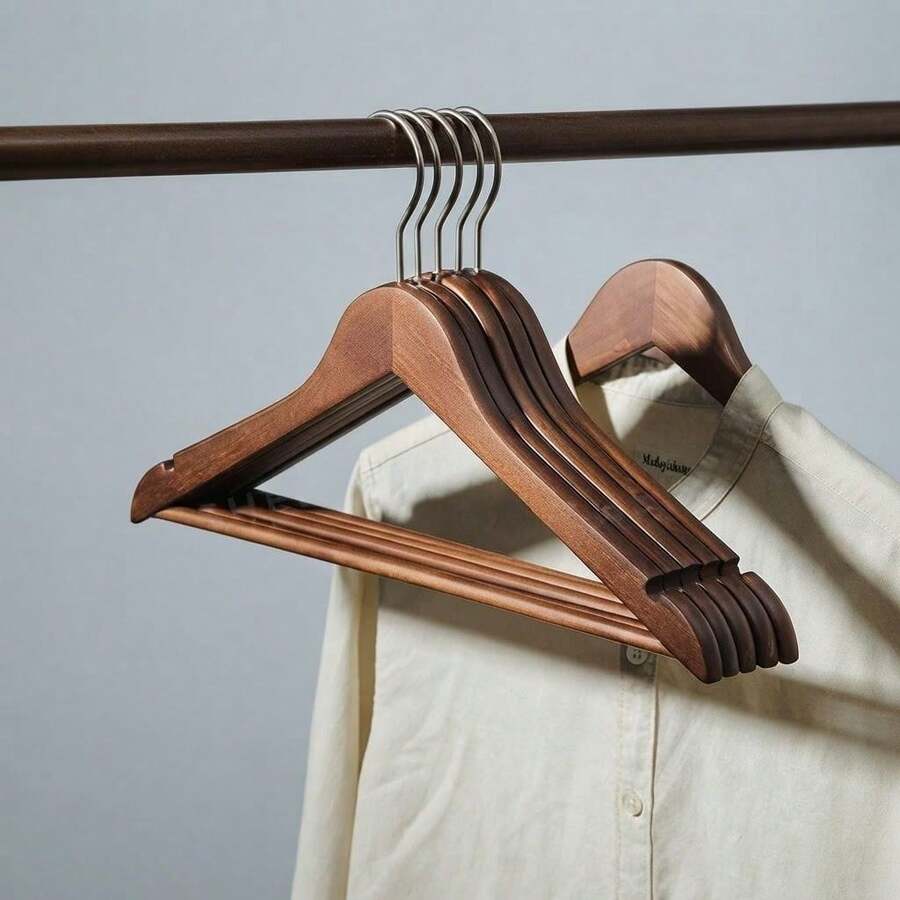 1/5pcs Solid Wood Suit Hangers With Anti-Slip Bar, Premium Space-Saving Minimalist Coat Hangers For Closet Storage, Home, Hotel And Boutique - View 1