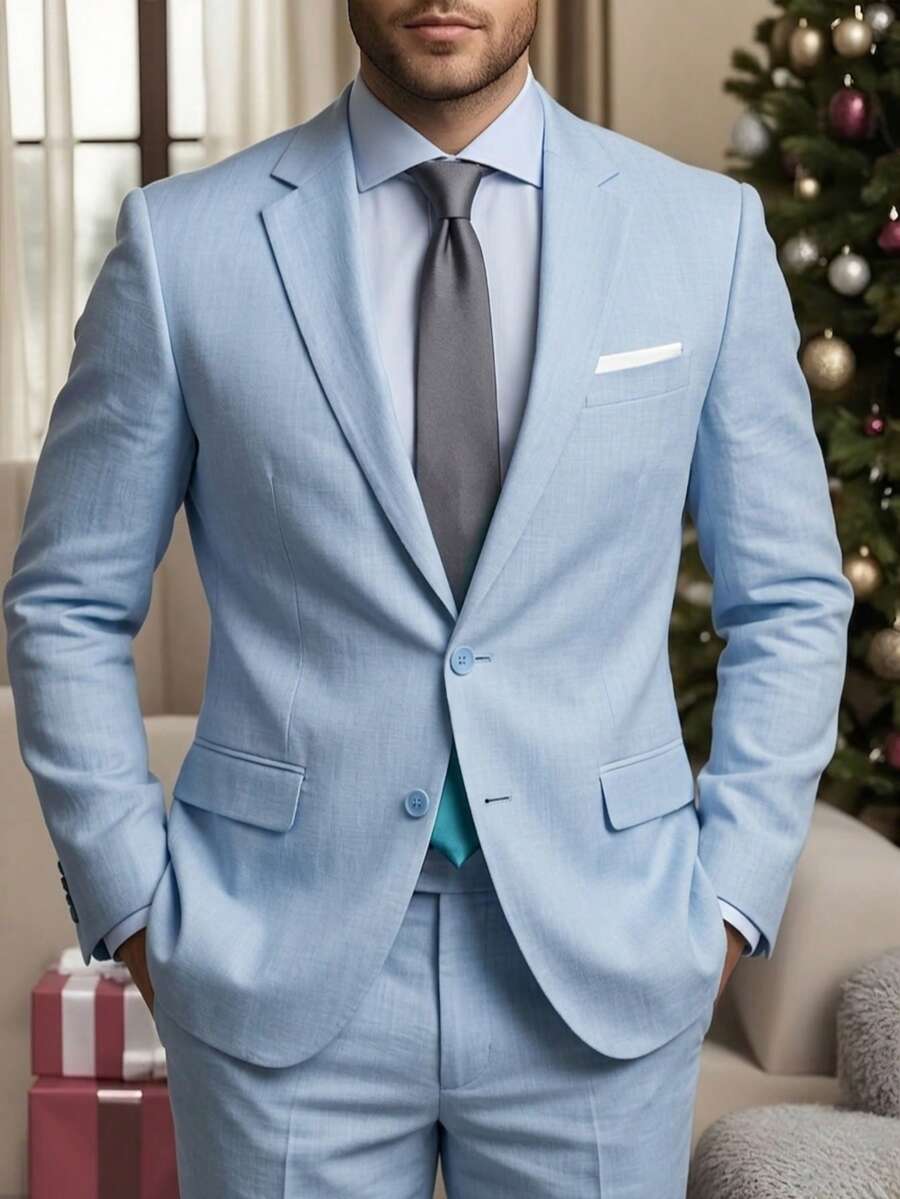 Men's 2-Piece Suit Set, Suit Jacket + Trousers, Fashionable & High Quality, Suitable For Weddings, Parties Or Formal Events - Baby Blue - View 1