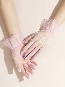 1 Pair Women's Sheer Mesh Rhinestone Decorated Cuff Ruffle Lace Gloves, Elegant Glamorous Style For Party, Evening Banquet, Performance, Solid Color Polka Dot - Multicolor - View 15