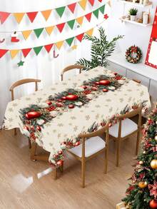 1件裝聖誕桌布 130x220cm 聖誕球與雪花圖案一次性塑料長方形桌巾，鄉村風聖誕派對裝飾，適用野餐、居家廚房餐桌布置，冬季節慶餐桌佈置與禮物靈感 - 聖誕紅灰球 - 查看 2