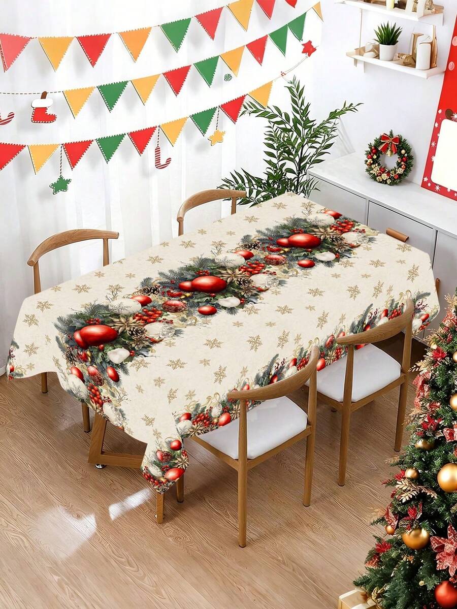 1件裝聖誕桌布 130x220cm 聖誕球與雪花圖案一次性塑料長方形桌巾，鄉村風聖誕派對裝飾，適用野餐、居家廚房餐桌布置，冬季節慶餐桌佈置與禮物靈感