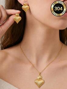 Luxury Daily Wear Gold-Tone Stainless Steel Earring & Necklace Set, Shell & Heart Multi- Hypoallergenic Jewelry, Ideal Holiday Gift For Women - Multicolor - View 2