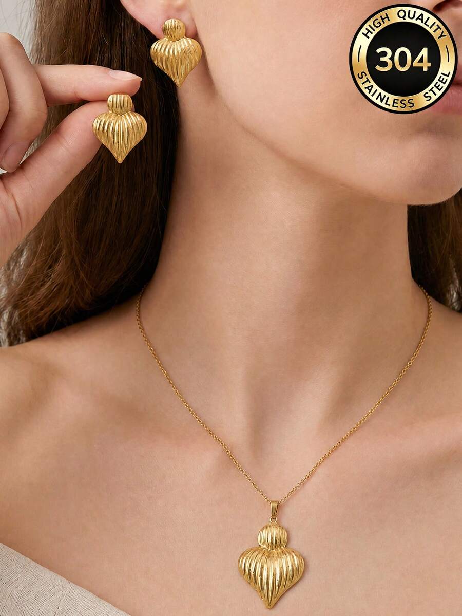 Luxury Daily Wear Gold-Tone Stainless Steel Earring & Necklace Set, Shell & Heart Multi- Hypoallergenic Jewelry, Ideal Holiday Gift For Women