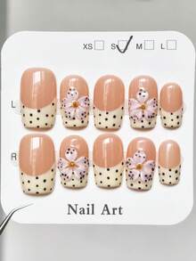10 piezas de uñas postizas cuadradas con lunares franceses y tallado 3D, estilo Y2K lindo para chicas, versátiles y de alta gama, hechas a mano tipo Ins, para uso diario de mujeres, suministros de arte de uñas - Amarillo - Ver 1